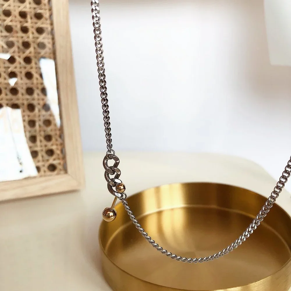 NEW Two Tone 18K Gold Plated Link Chain Gold Ball Bar Necklace